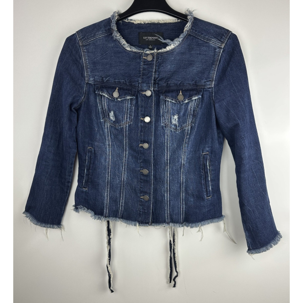 Liverpool Lace Up Jacket Distressed Button Front LS Denim Women's Size Medium - Picture 2 of 14